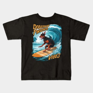 Doberman Pinscher Surfer Riding Tropical Wave Kids T-Shirt